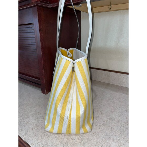 Kate Spade New York Yellow & White Striped Canvas Tote Bag With Leather Handles - Picture 4 of 8